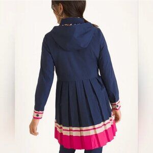 CHICO'S Pleated Striped Hem Rain Jacket Removable Hood Navy Size 2 = US 12/14